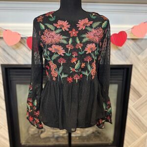 American‎ Eagle Floral Embroidered Black Peplum Blouse with Bell Sleeves  XS